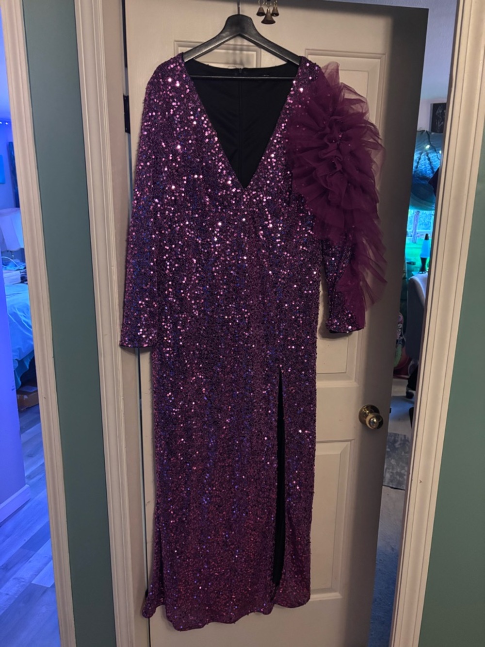 SHEIN Purple Sequin Gown with Tulle Ruffle Sleeve